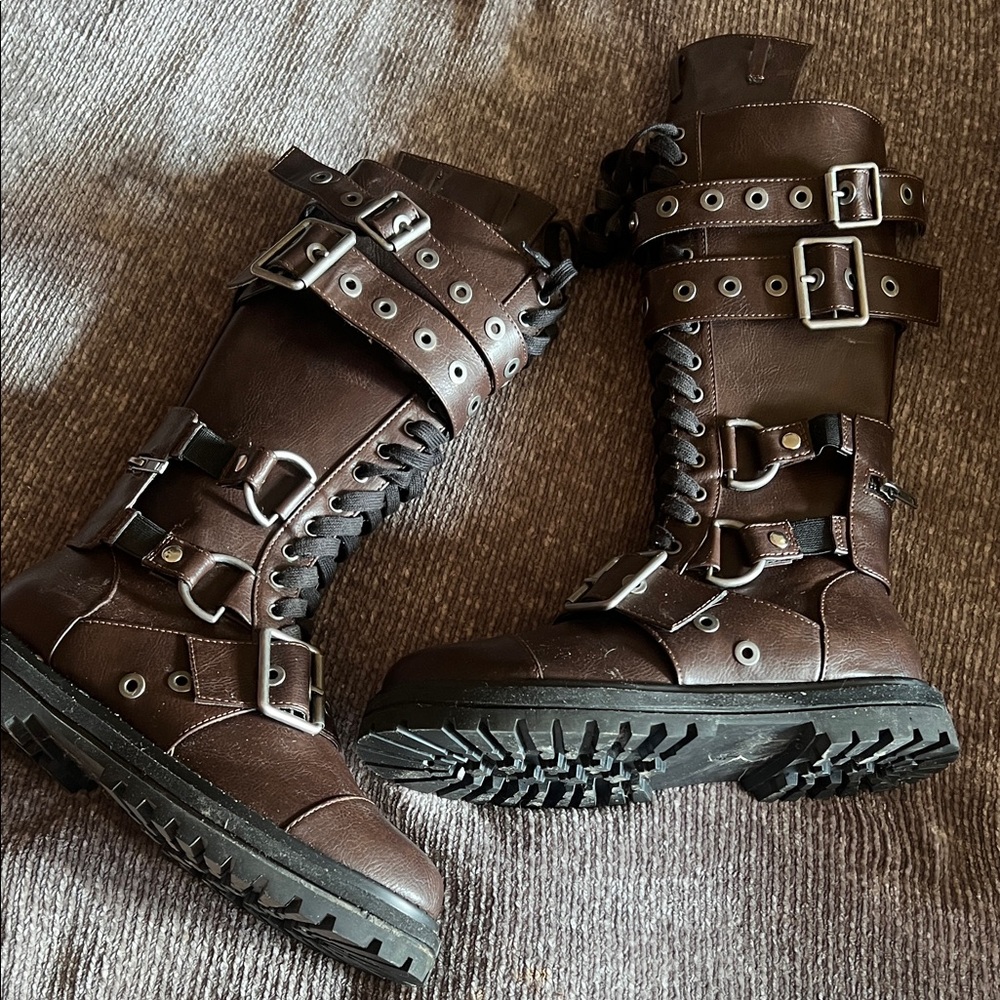 Dolls Kill Club Exx Cognac Dark Brown Tactical Buckle Combat Boots 9